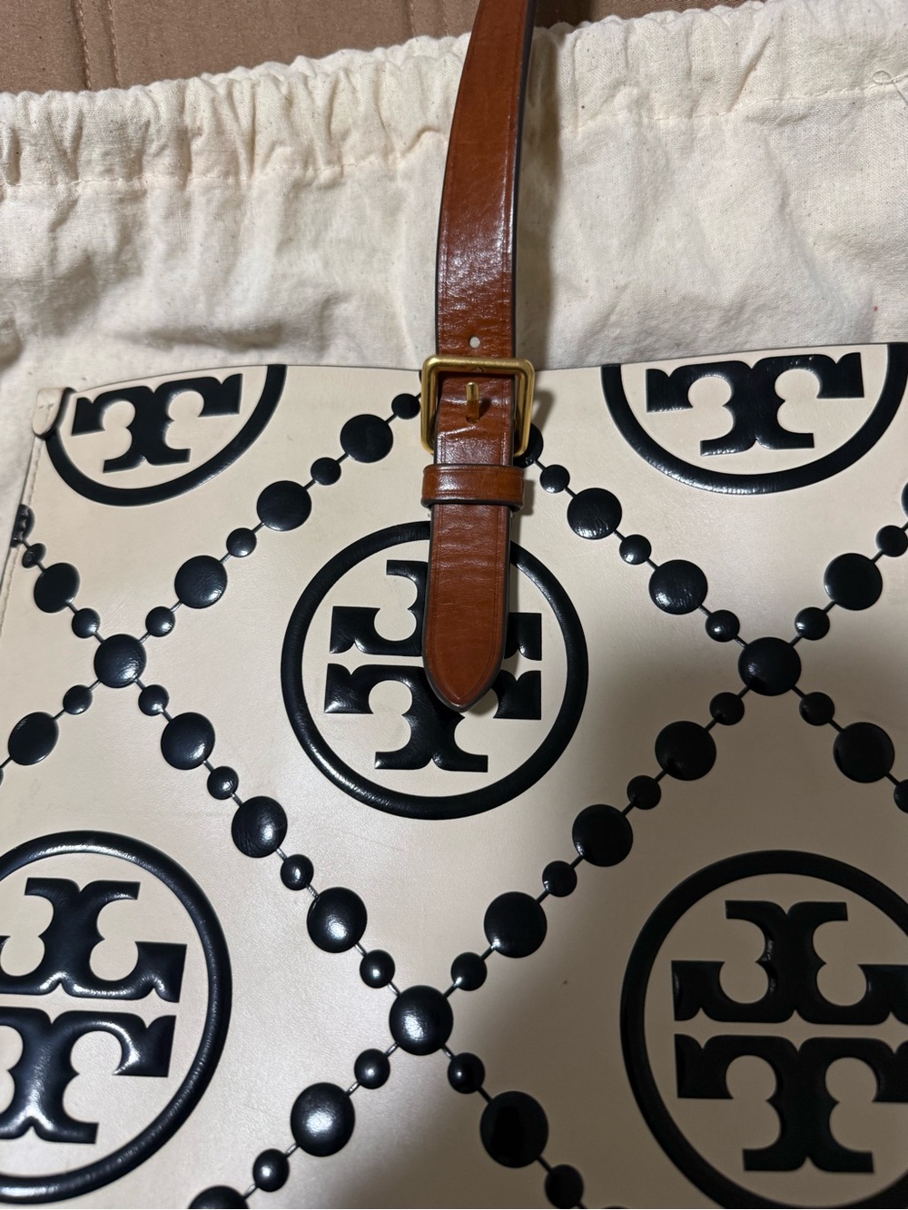 Tory Burch Cream and Black Logo Tote with Brown Straps - Picture 6 of 12